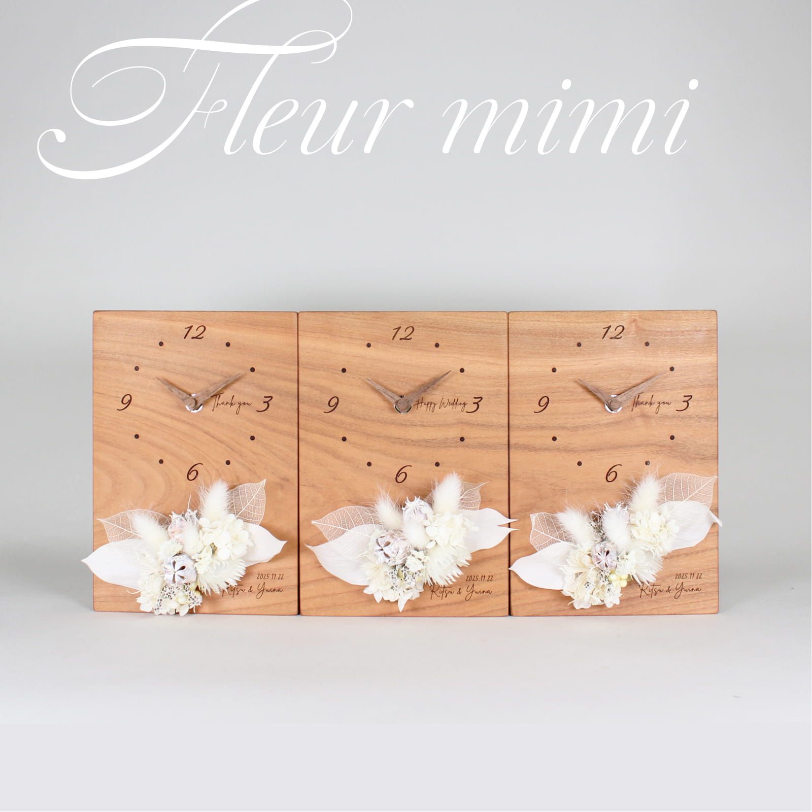 【Fleur mimi】華やかなスワッグが無垢の一枚板を彩る、まったく新しい三連時計